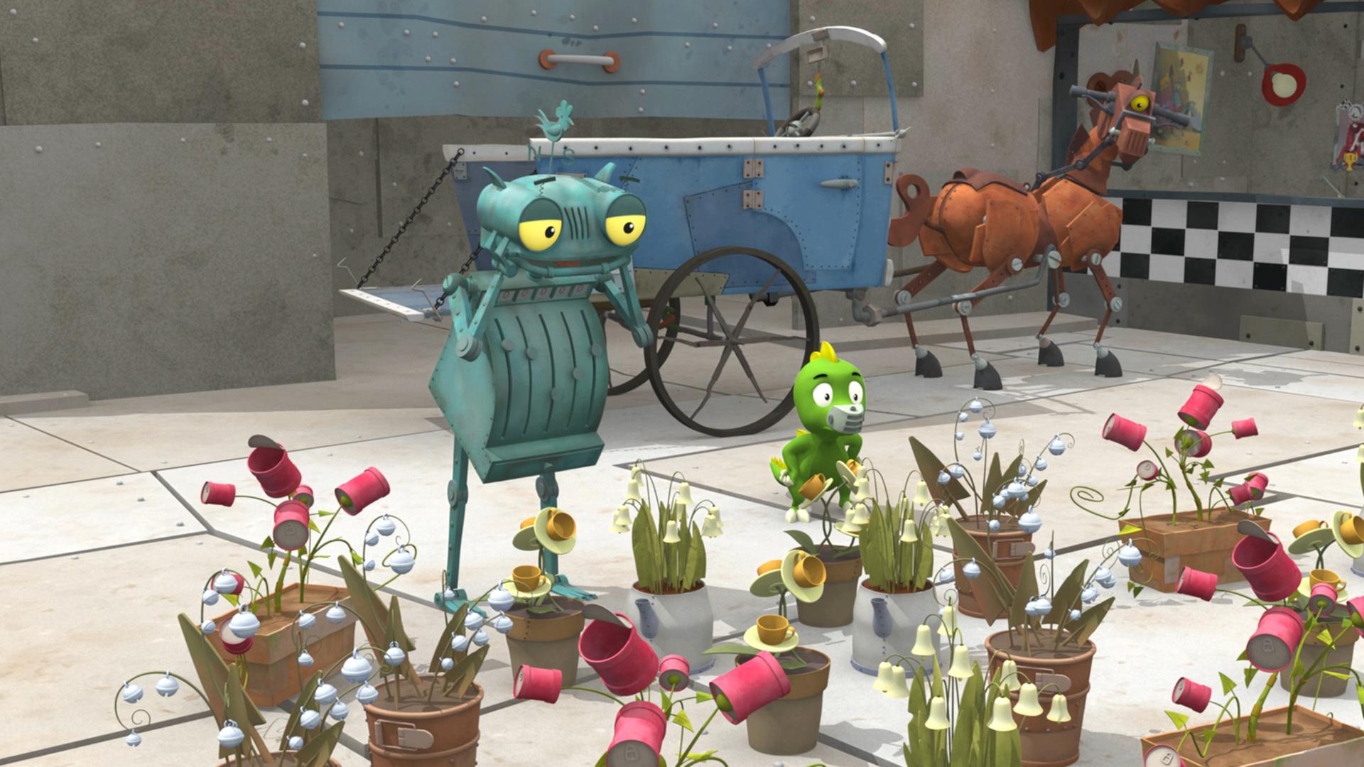 Ritter Rost und Koks stehen vor Blumentöpfen, im Hintergrund steht ein Pferdewagen