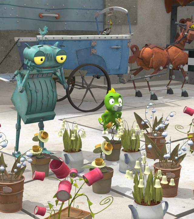 Ritter Rost und Koks stehen vor Blumentöpfen, im Hintergrund steht ein Pferdewagen