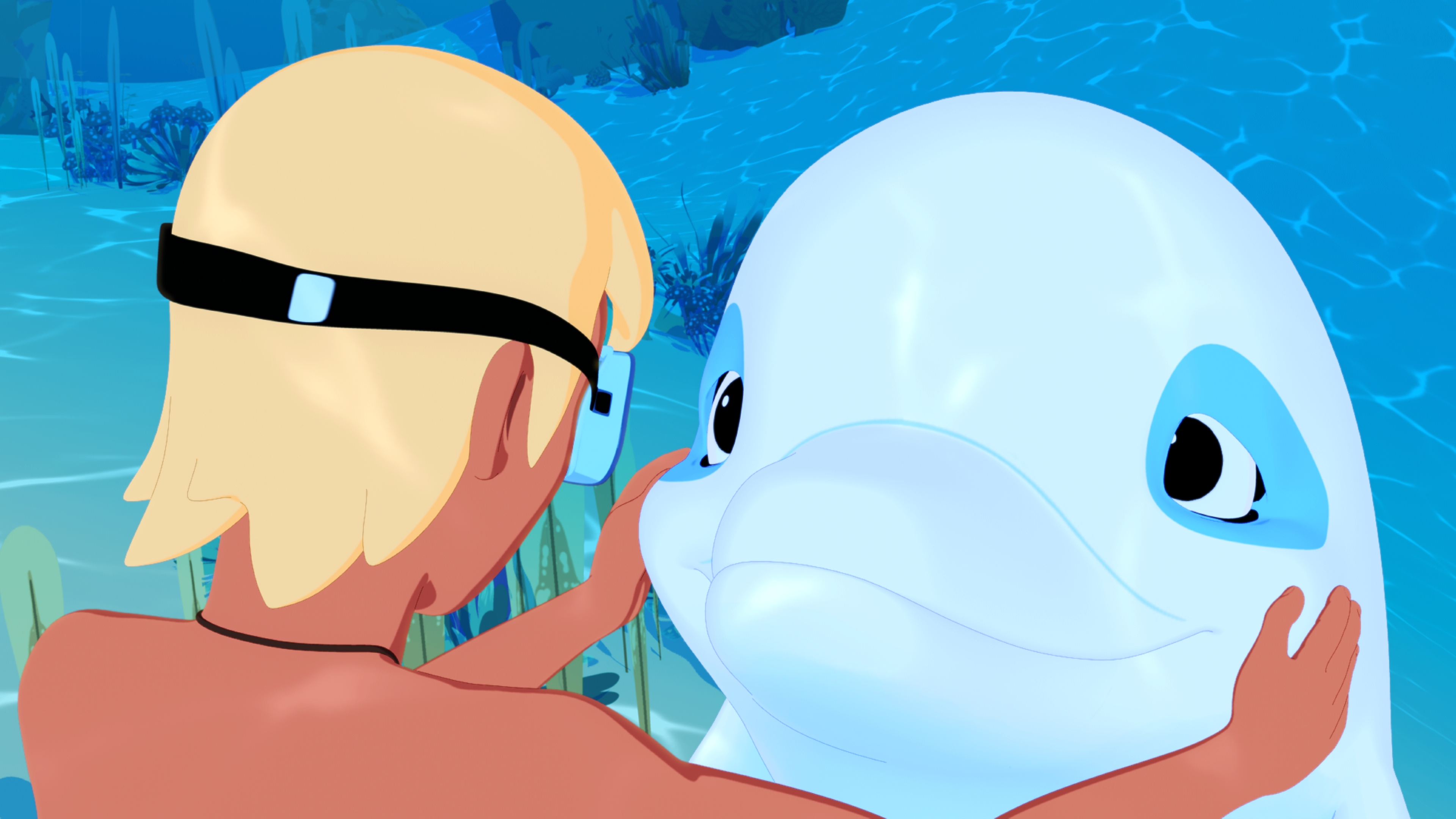 Yann taucht gegenüber von Zoom und hält ihn an den Backen fest. Sie schauen sich in die Augen.