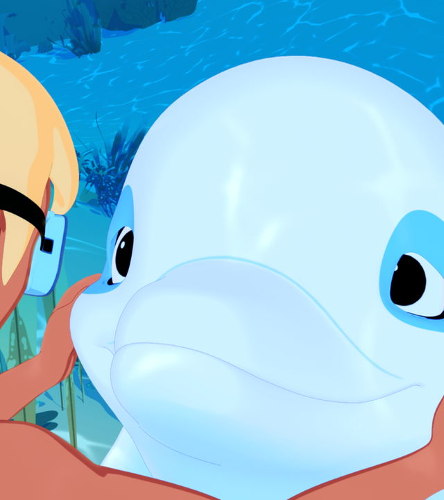 Yann taucht gegenüber von Zoom und hält ihn an den Backen fest. Sie schauen sich in die Augen.