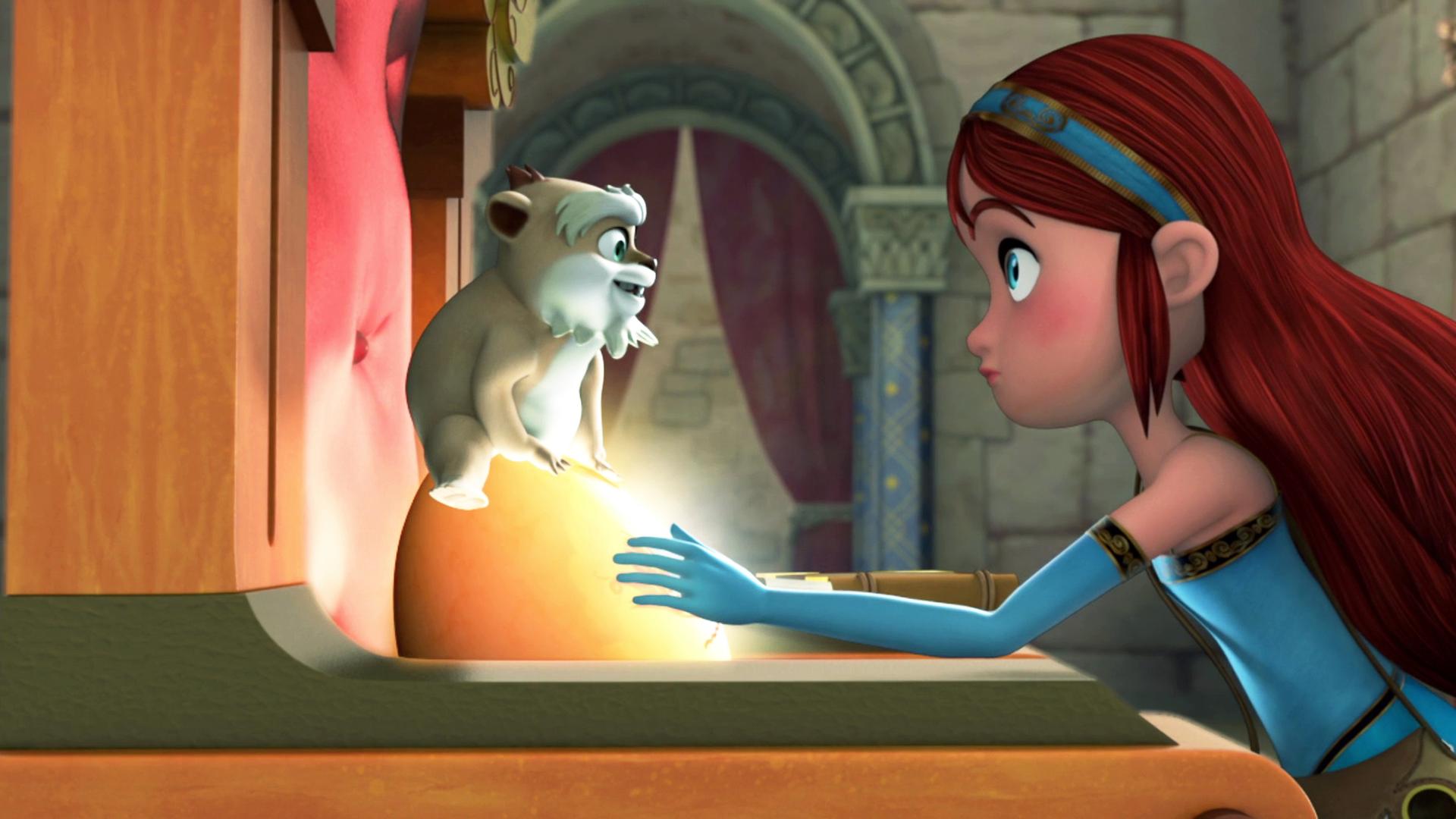 Derke sitzt auf dem leuchtenden Drachenstein, der auf dem Thron liegt. Marian, die vor dem Thron steht, legt ihre Hände darauf.