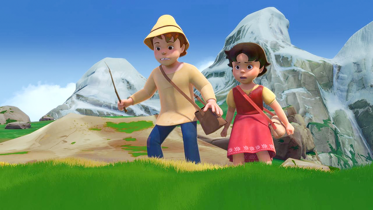 Heidi und Peter sind in den Bergen unterwegs und Heidi schaut ängstlich.