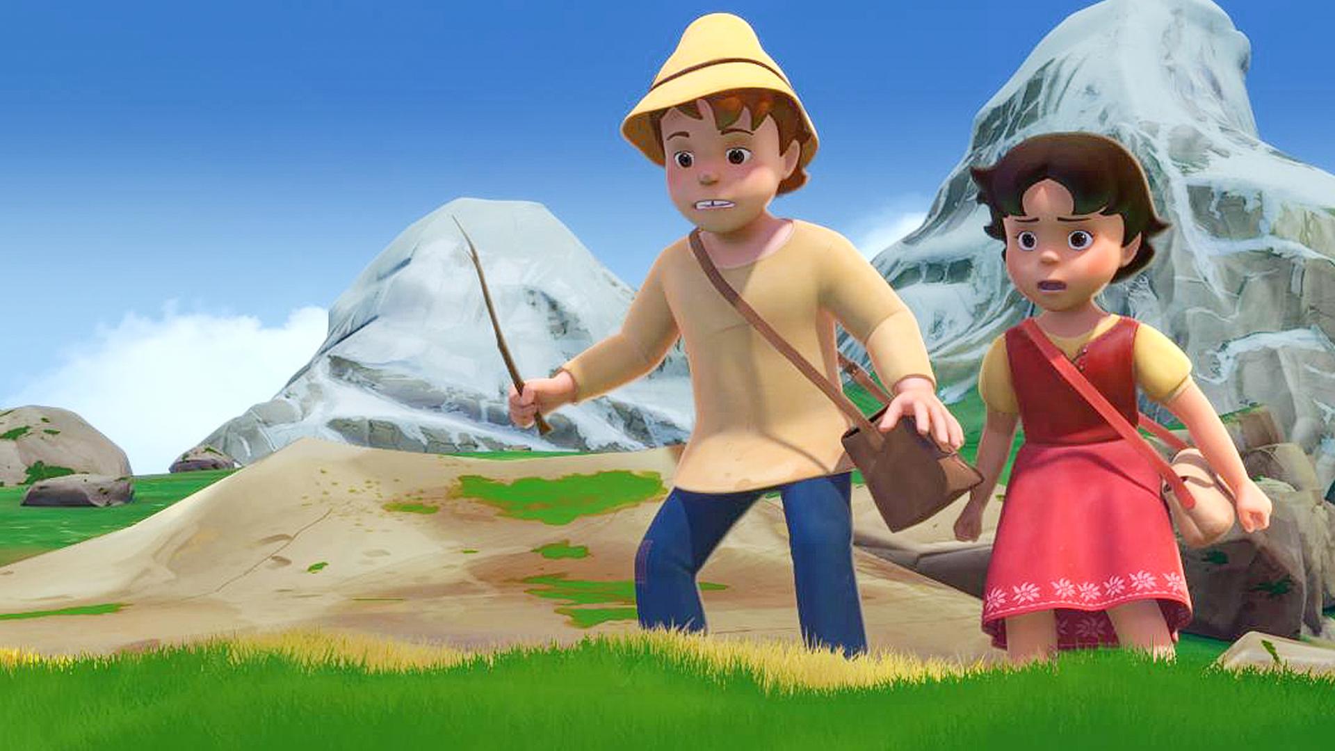 Heidi und Peter sind in den Bergen unterwegs und Heidi schaut ängstlich.