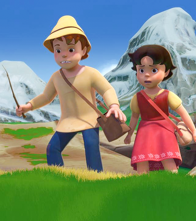 Heidi und Peter sind in den Bergen unterwegs und Heidi schaut ängstlich.