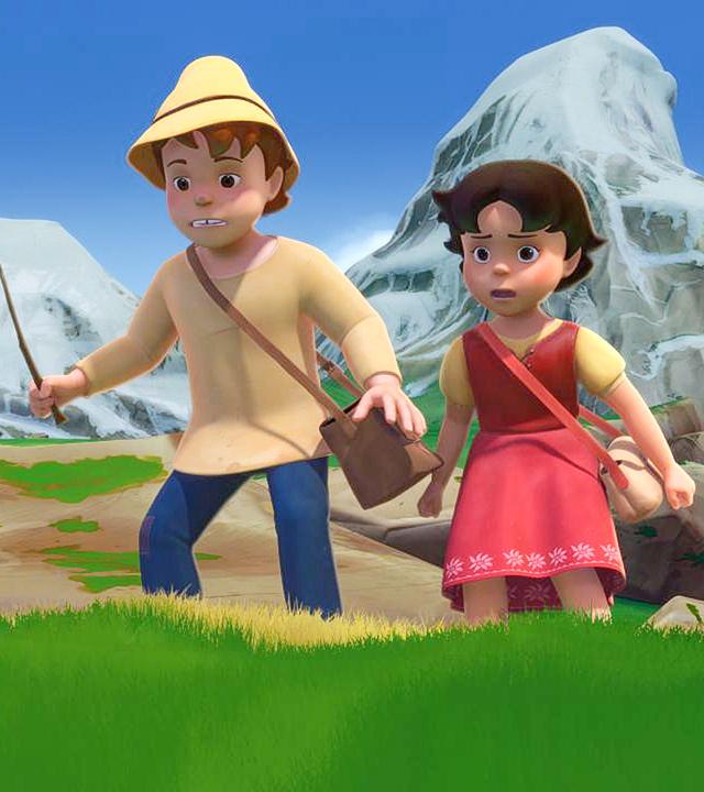 Heidi und Peter sind in den Bergen unterwegs und Heidi schaut ängstlich.