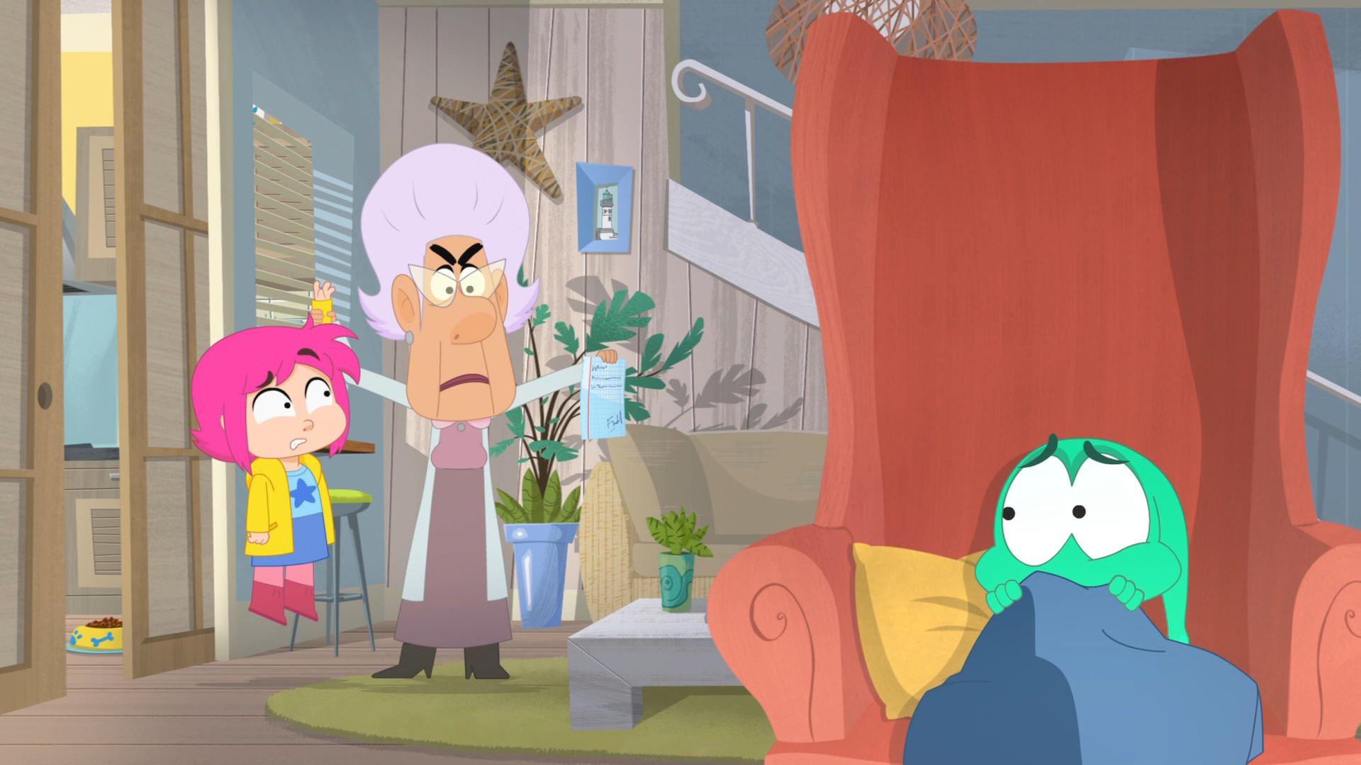 Die wütende Schuldirektorin hält Rebecca am Arm, während Ernest sich ängstlich auf einem Sessel hinter einem Kissen versteckt.