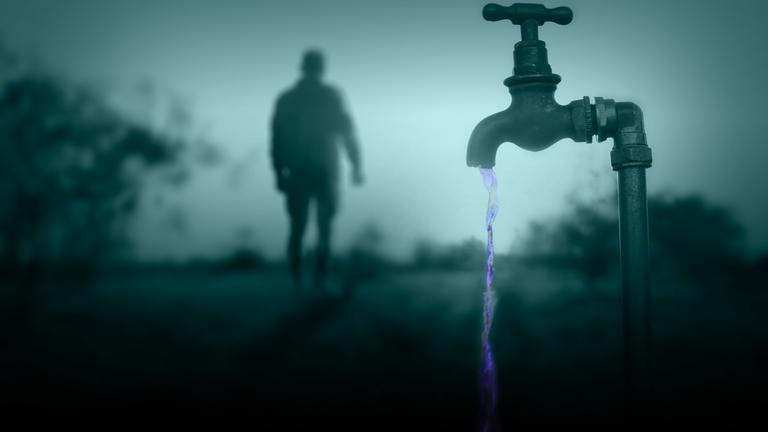 Umwelt Crime: Der Fall Rastatt - PFAS Chemikalien im Trinkwasser: Im Vordergrund ein Wasserhahn im schummrigen Dämmerlicht; im Hintergrund die Silhouette eines Mannes.
