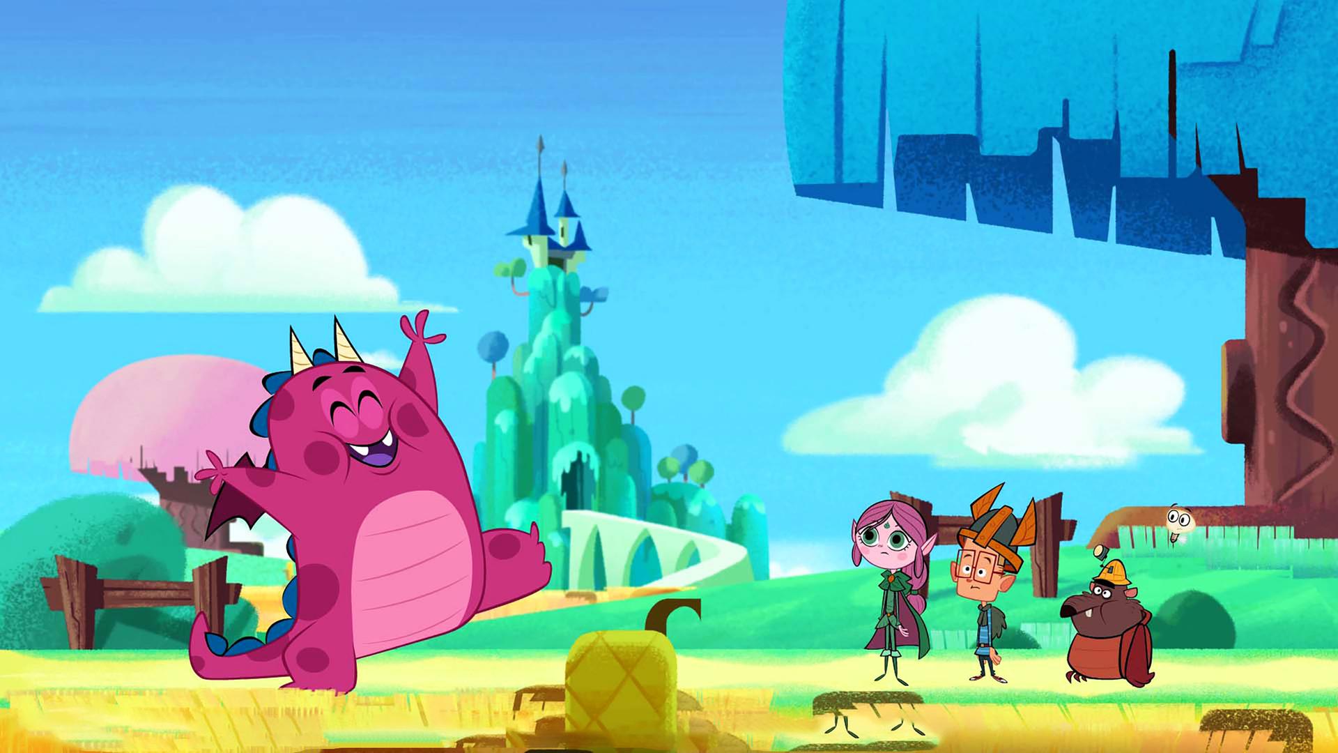 Ephi, Marcus und Ratrick stehen im blauen Königreich und schauen auf einen singenden und tanzenden rosa Drachen. Im Hintergrund ist eine Burg zu sehen sowie ein blauer und rosaner Baum.