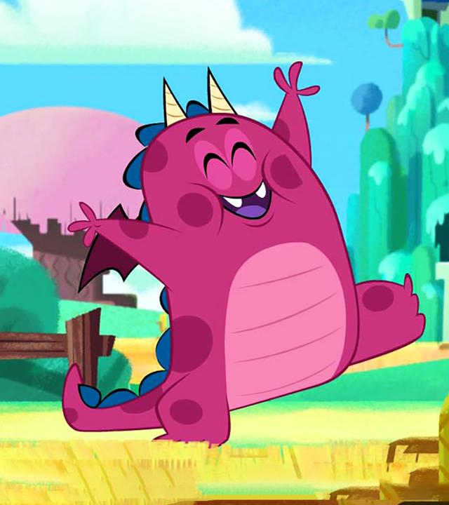 Ephi, Marcus und Ratrick stehen im blauen Königreich und schauen auf einen singenden und tanzenden rosa Drachen. Im Hintergrund ist eine Burg zu sehen sowie ein blauer und rosaner Baum.