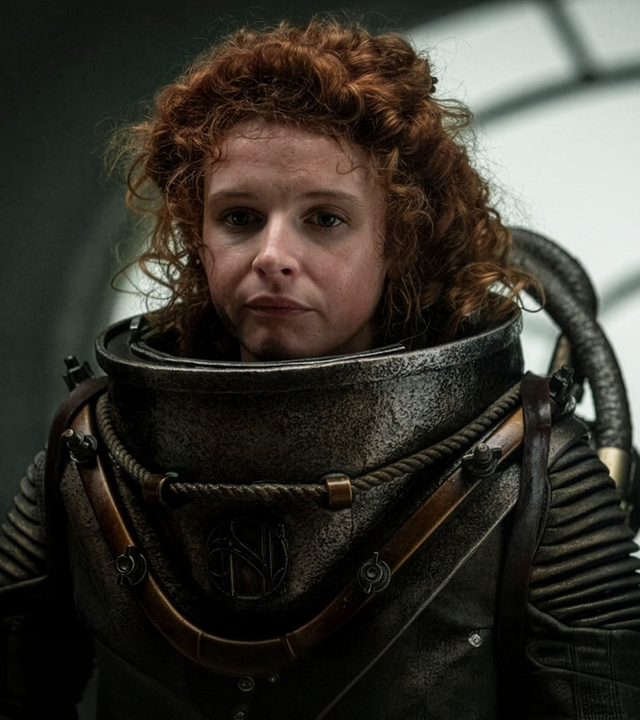 Humility (Georgia Flood) hält sich in einem Raum auf. Sie trägt einen Tiefseetaucheranzug ohne Helm.