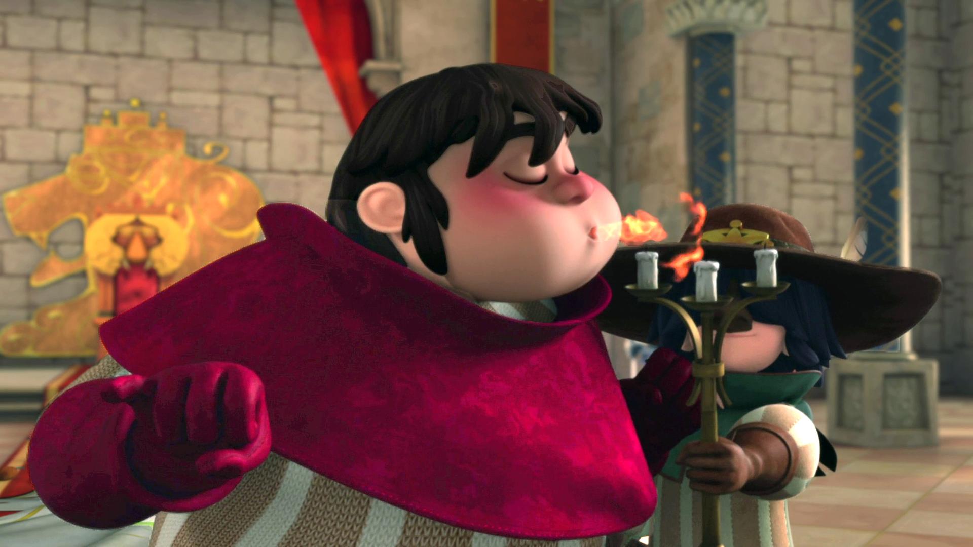 Sir Kerde pustet kleine Flammen aus seinem Mund. Damit zündet er die Kerzen an einem Kerzenständer an.