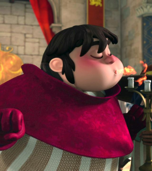 Sir Kerde pustet kleine Flammen aus seinem Mund. Damit zündet er die Kerzen an einem Kerzenständer an.