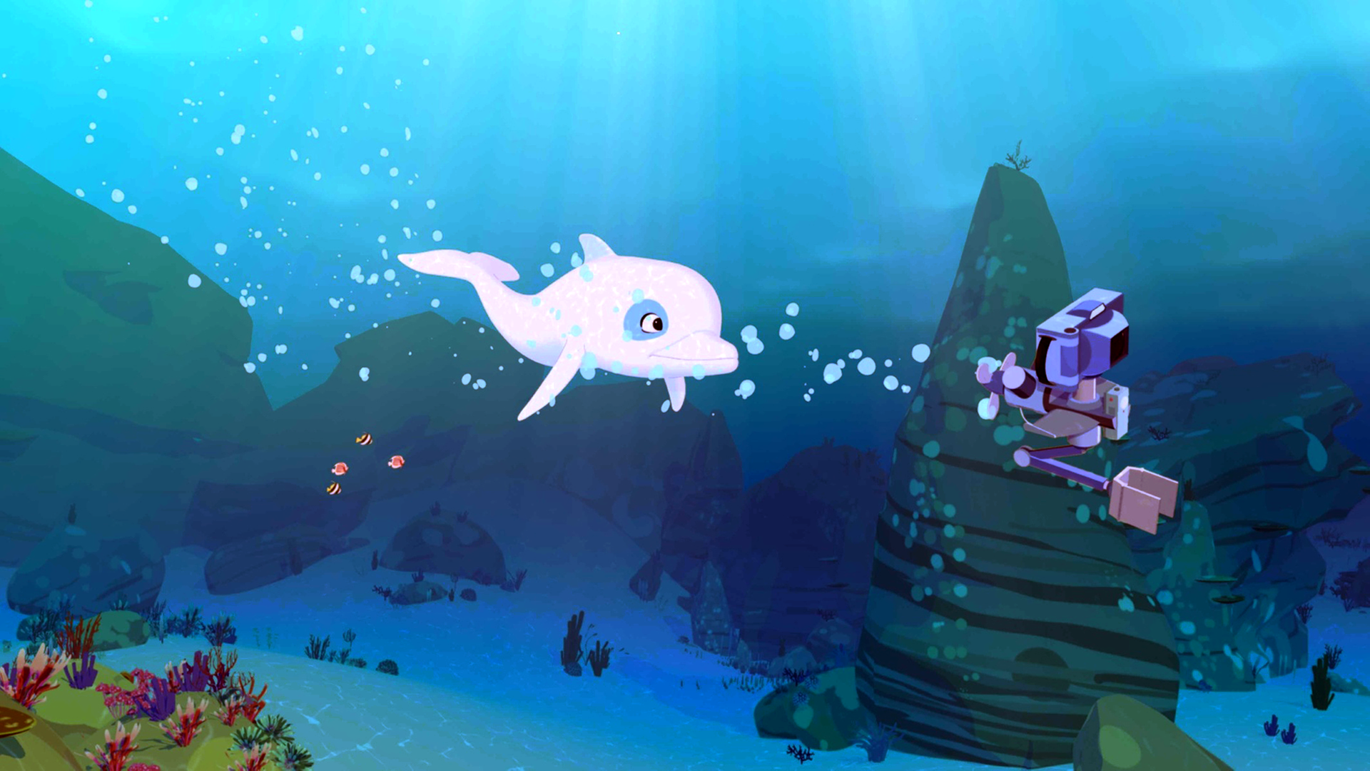 Zoom schwimmt unter Wasser, vor ihm treibt eine Kamera, die mit einem kleinen Motor angetrieben wird.