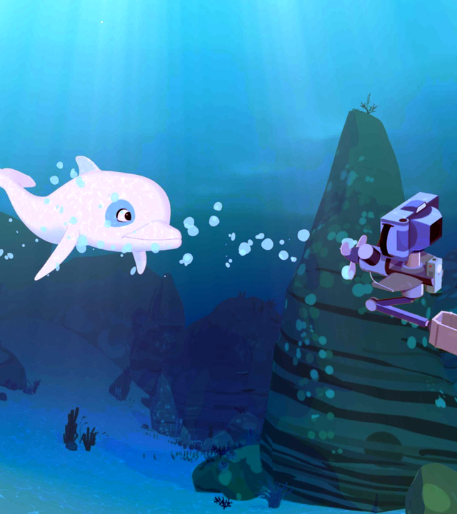 Zoom schwimmt unter Wasser, vor ihm treibt eine Kamera, die mit einem kleinen Motor angetrieben wird.