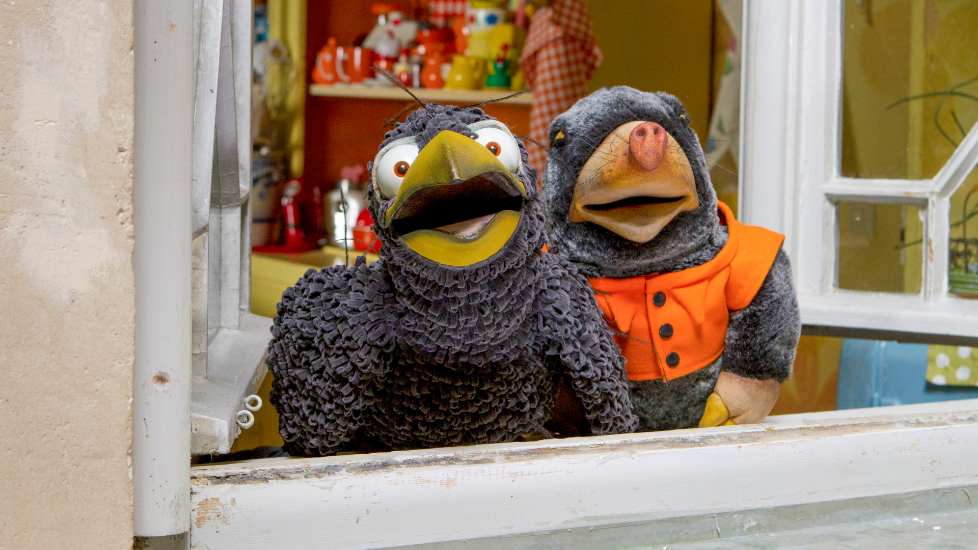 Rabe Rudi und Postmaulwurf Edgar schauen staunend aus dem Fenster Richtung Himmel.