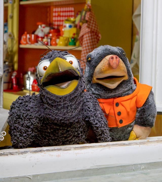 Rabe Rudi und Postmaulwurf Edgar schauen staunend aus dem Fenster Richtung Himmel.