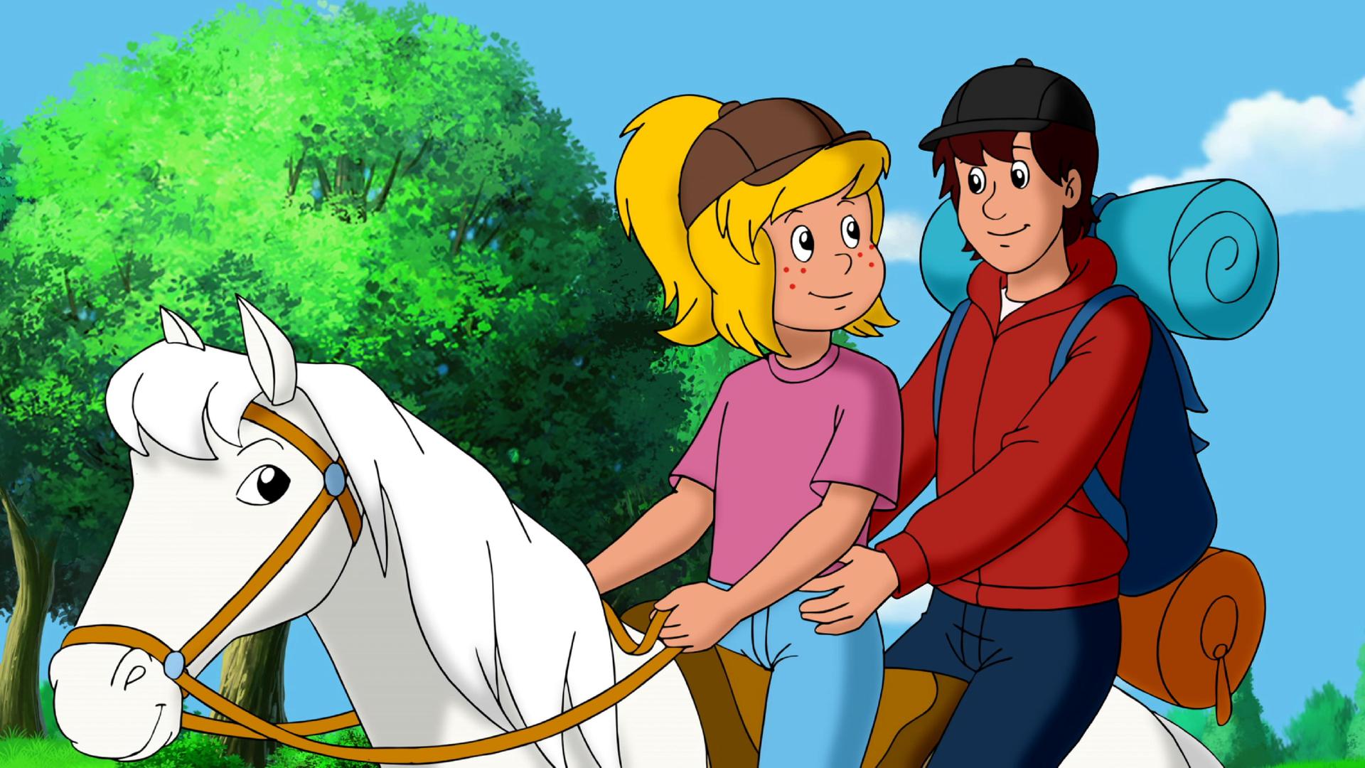 Bibi reitet mit dem fremden Jungen und seinem Gepäck. Sie sehen sich an, während sie auf dem Pferd sitzen.