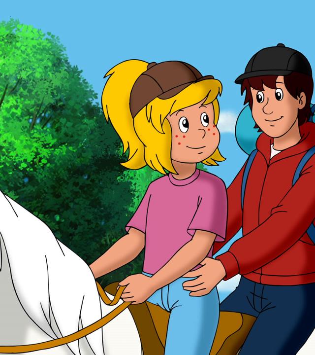 Bibi reitet mit dem fremden Jungen und seinem Gepäck. Sie sehen sich an, während sie auf dem Pferd sitzen.