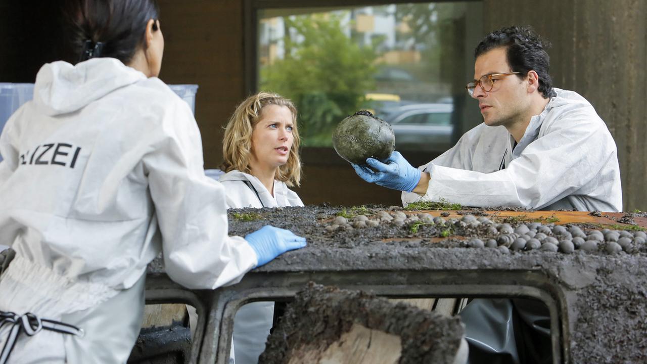 "Die Spezialisten - Im Namen der Opfer: DER GAU": Samira Vaziri (Narges Rashidi), Dr. Katrin Stoll (Valerie Niehaus) und Rufus Haupenthal (Tobias Licht) untersuchen ein Autowrack.