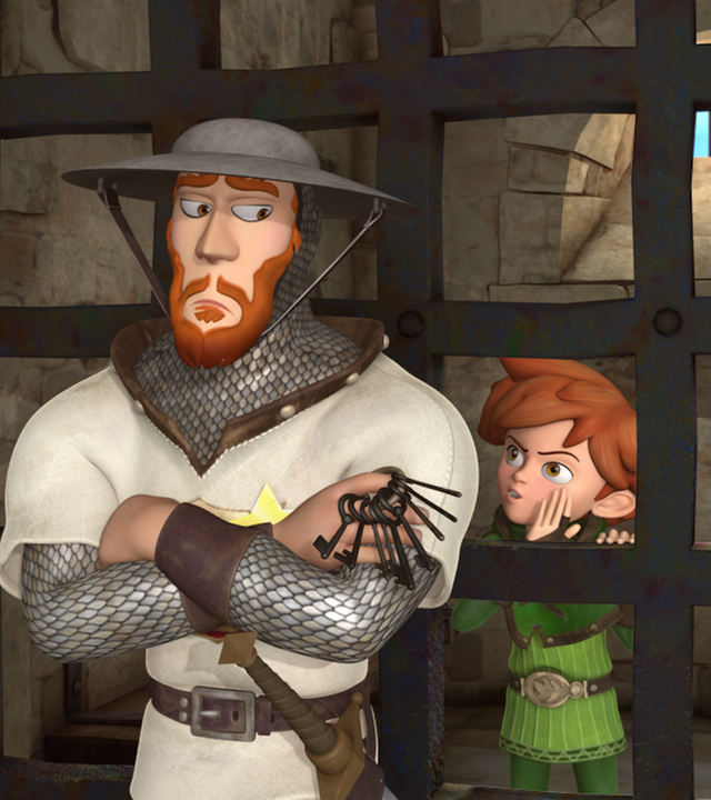 Robin steht im Schloss hinter Gittern. Soldat Walter steht davor.