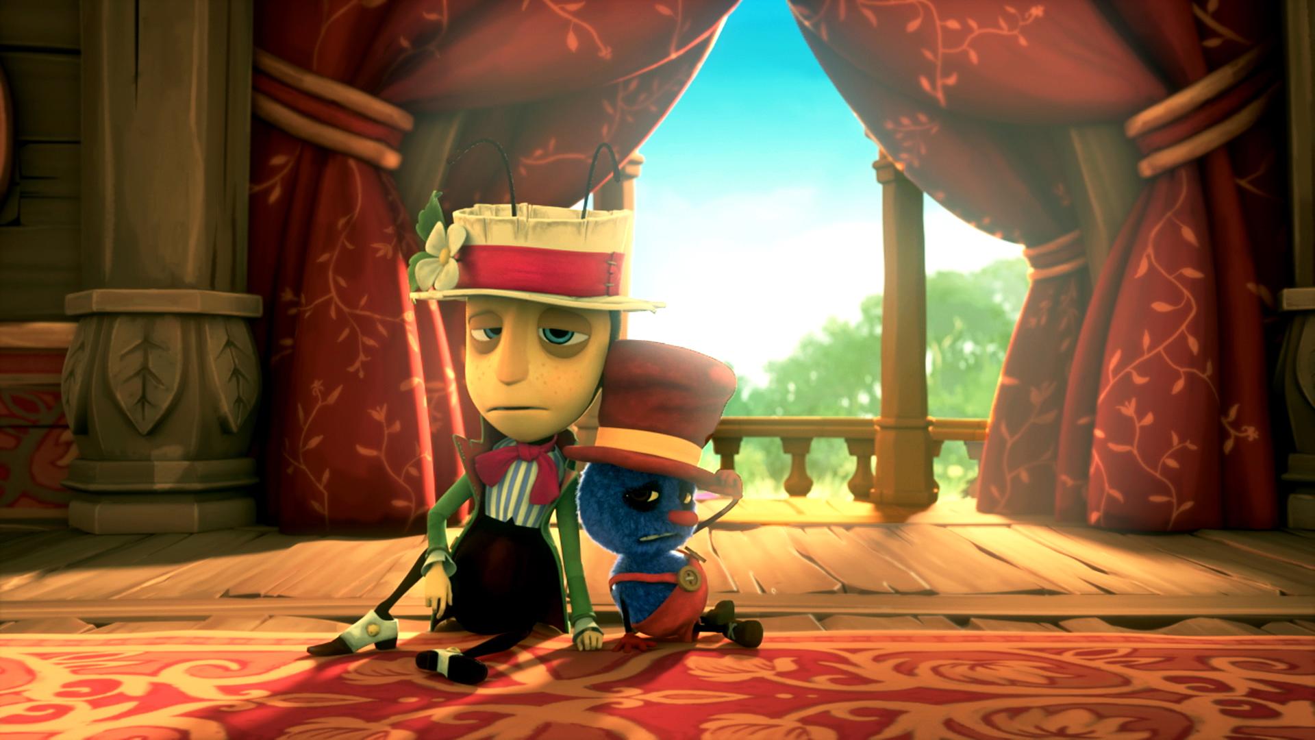 Gregor Grille (links) und Klaus die Laus (rechts) sitzen Rücken an Rücken auf dem Boden. Sie sehen sehr müde aus.