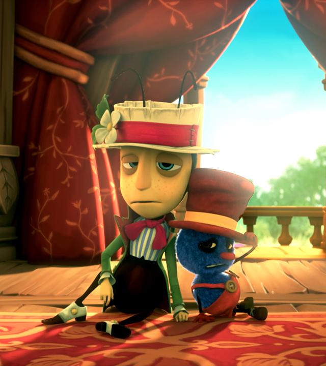 Gregor Grille (links) und Klaus die Laus (rechts) sitzen Rücken an Rücken auf dem Boden. Sie sehen sehr müde aus.