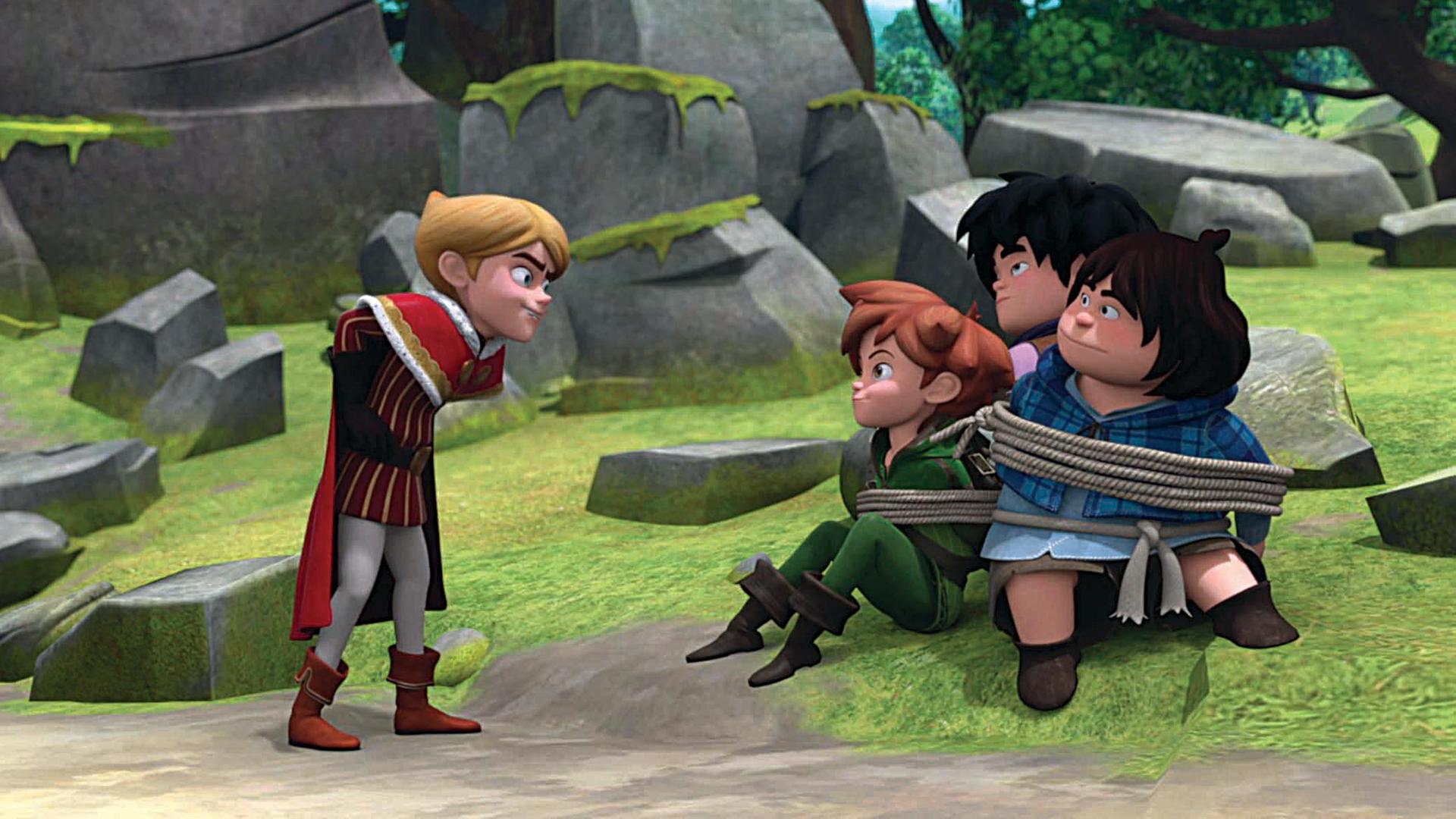 Robin, Tuck und Little John sitzen mit einem Seil zusammengebunden auf einem Stein. Prinz John steht leicht nach vorne gebeugt links neben ihnen.