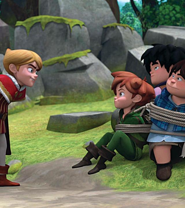 Robin, Tuck und Little John sitzen mit einem Seil zusammengebunden auf einem Stein. Prinz John steht leicht nach vorne gebeugt links neben ihnen.