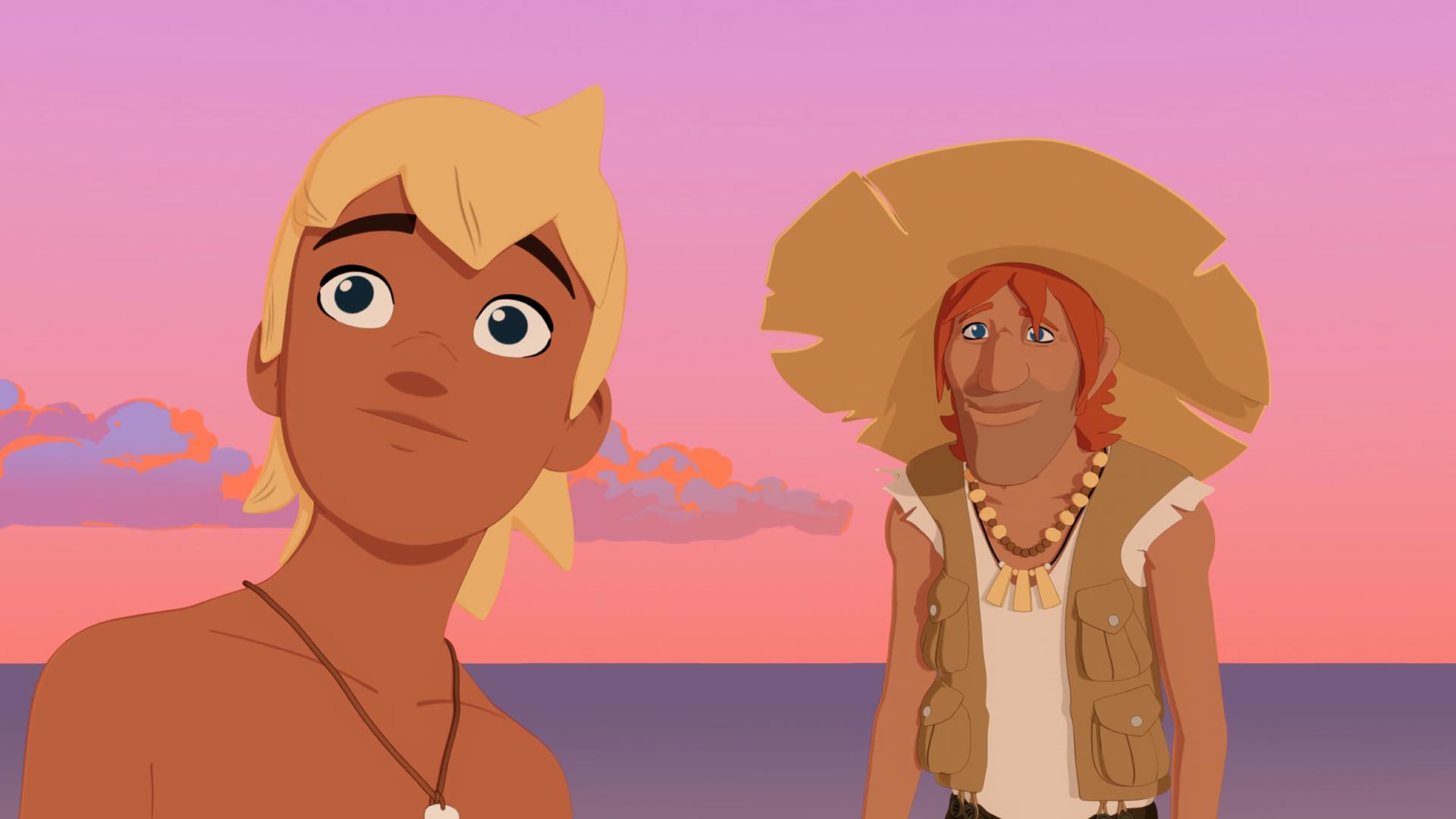 Yann und Jack stehen am Meer. Der Himmel ist rot gefärbt.