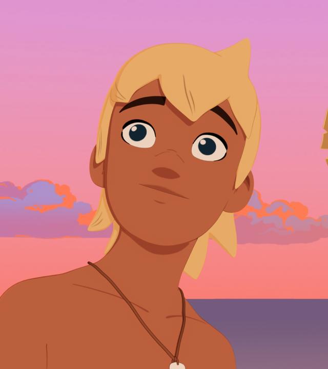 Yann und Jack stehen am Meer. Der Himmel ist rot gefärbt.