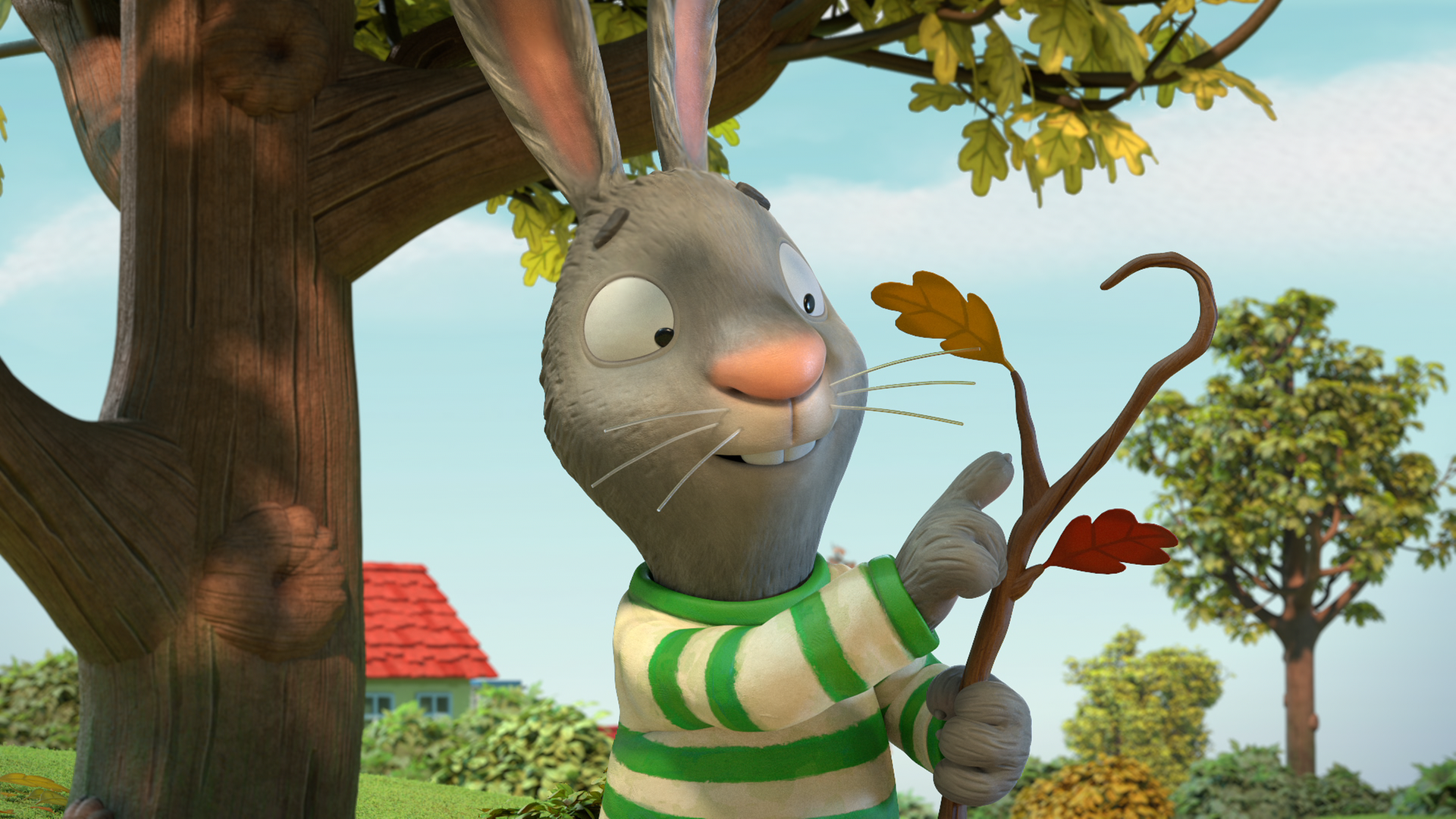 Pip hält einen besonders geformten Stock in der Hand.