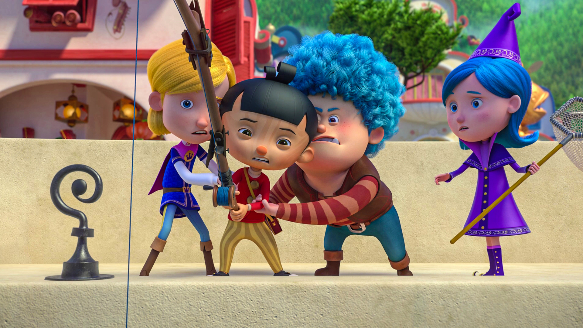 Pinocchios Freunde Prinz (links) und Luzio (rechts) helfen ihm (mitte) mit einer Angel den goldenen Fisch zu fangen. Betulla (rechts) steht mit einem Fischkescher daneben.