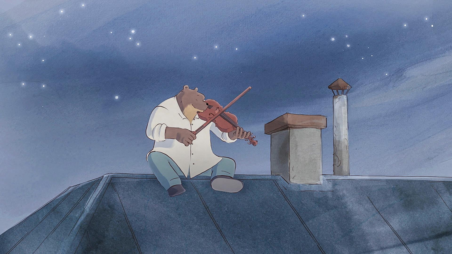 Ernest sitzt bei Nacht auf dem Dach der Polizeistation und spielt auf seiner Geige ein Schlaflied für die Polizisten. Celestine versucht derweilen, den Polizisten den Schlüssel abzunehmen.