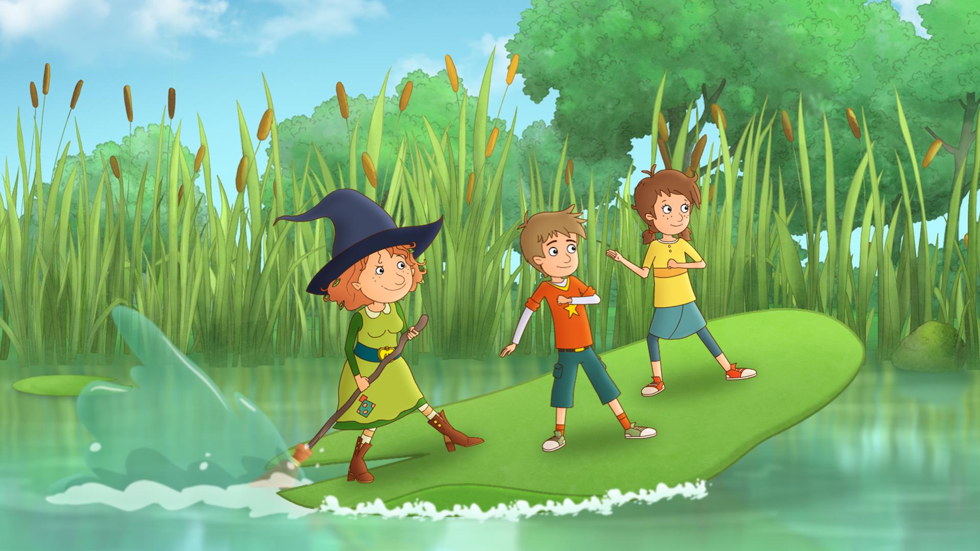 Petronella (links) geht mit ihren Freunden Luis und Lea (rechts) im Teich auf Kaperfahrt.