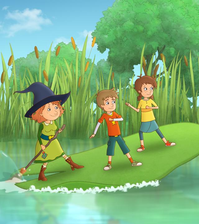 Petronella (links) geht mit ihren Freunden Luis und Lea (rechts) im Teich auf Kaperfahrt.