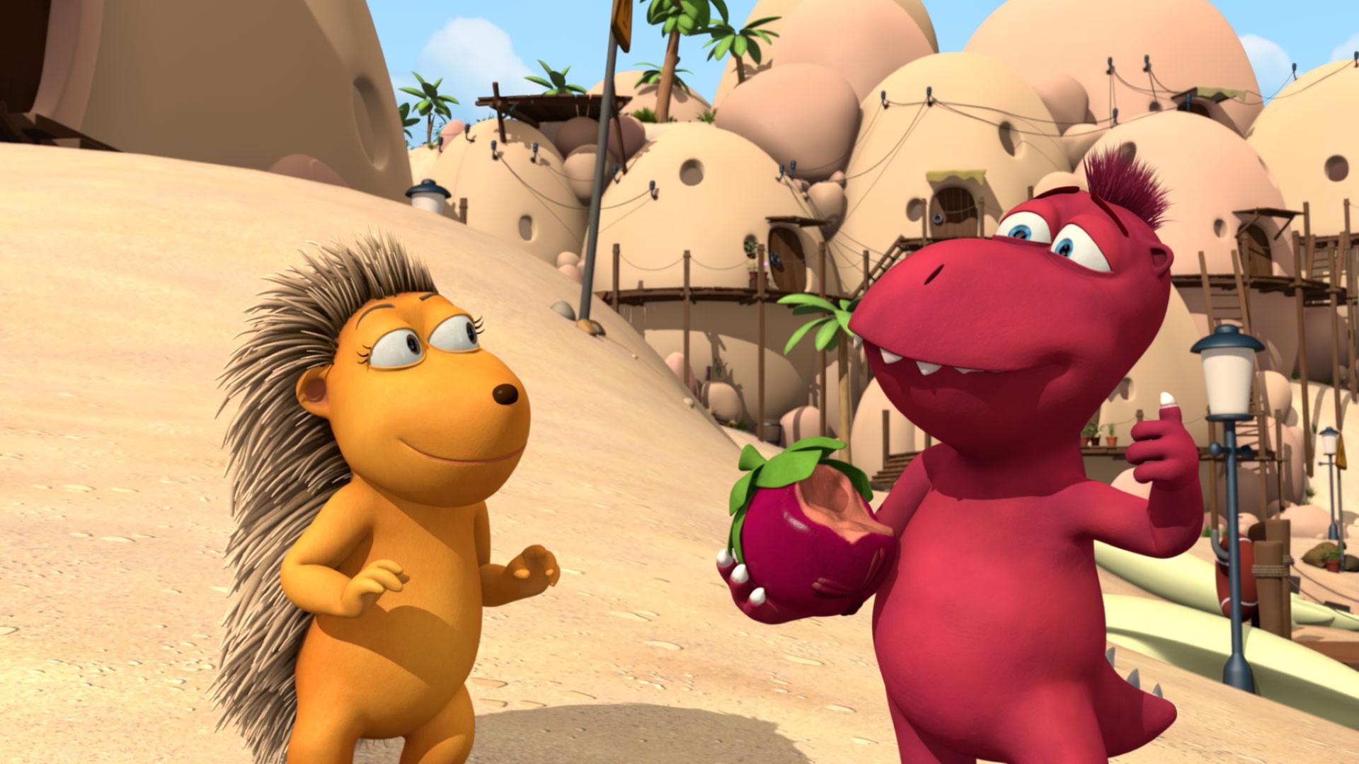 Matilda (links) und Oskar (rechts) stehen dort mit der verrottenden Drachenfrucht.