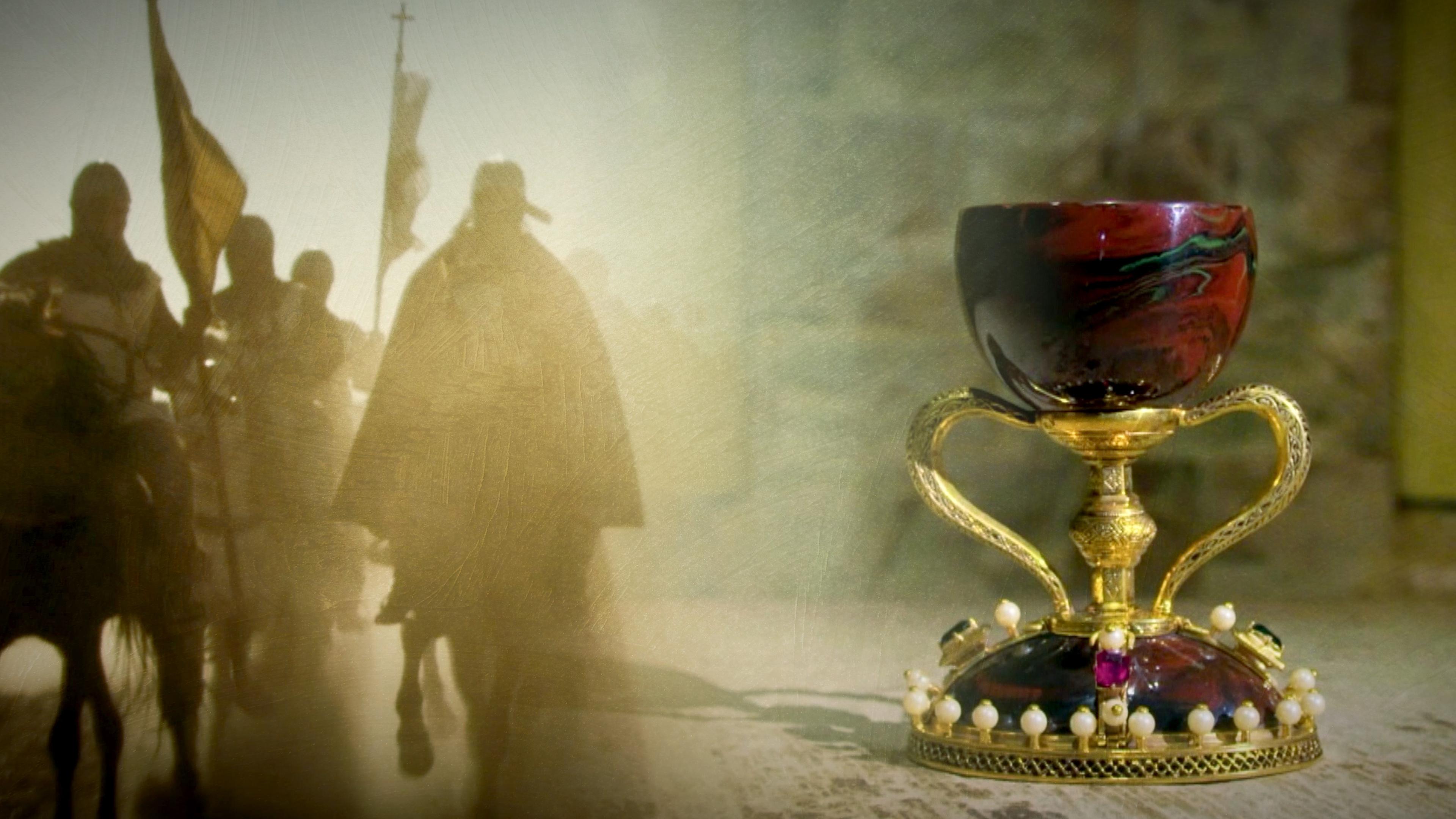 "Mythos - Die größten Rätsel der Geschichte - Der Heilige Gral": Links eine Gruppe Tempelritter auf Pferden, rechts der heilige Gral