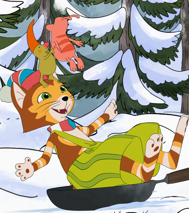 Findus rutscht auf einer Metallpfanne durch den kalten Schnee, weil sein Holzschlitten kaputt ist.