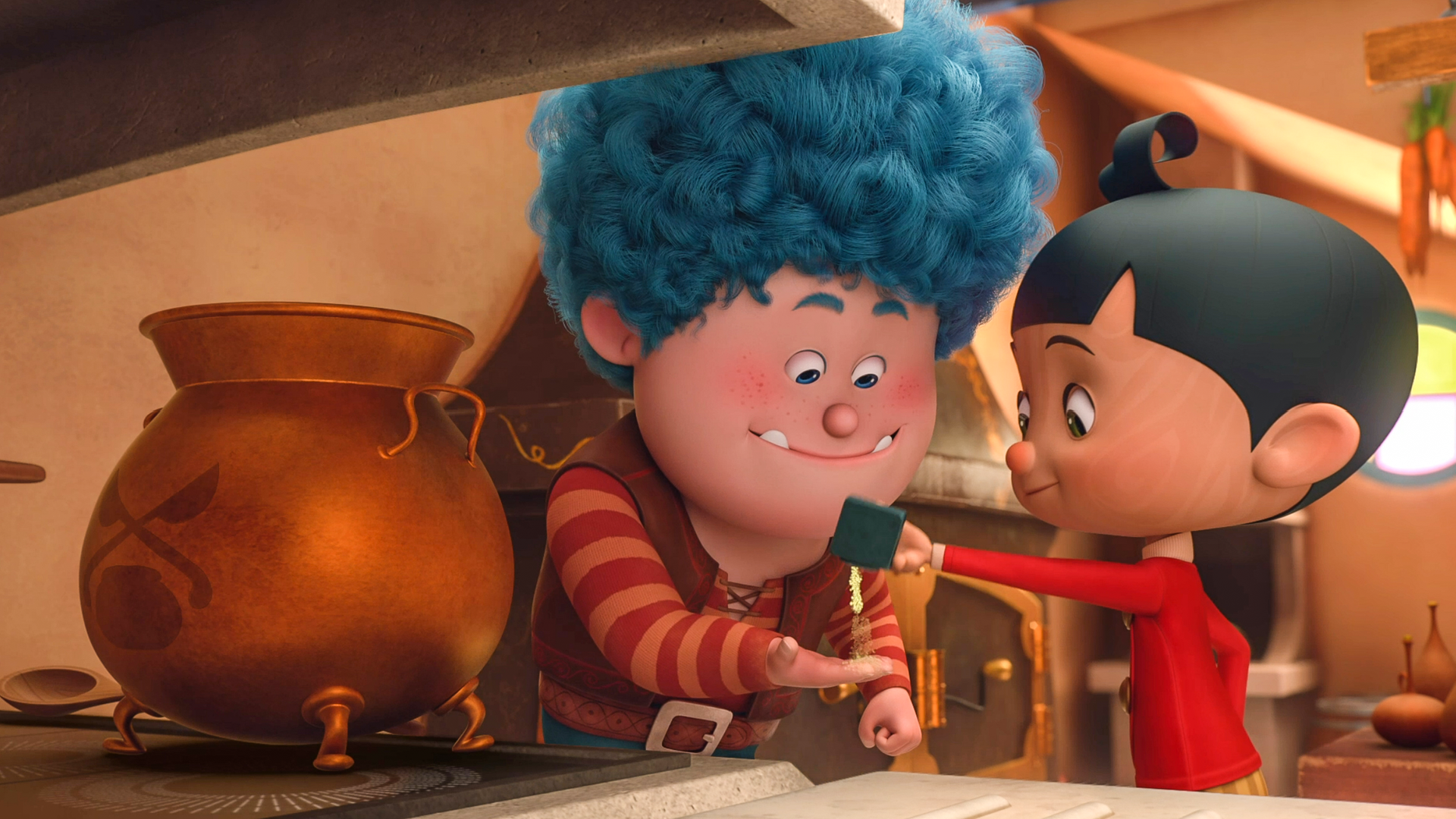 Luzio und Pinocchio bereiten in der Küche etwas zu. Links neben ihnen steht ein Kessel.