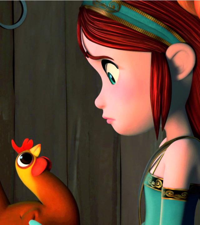 Marian (Mitte) und Robin (rechts) sehen ein Huhn (links) an.