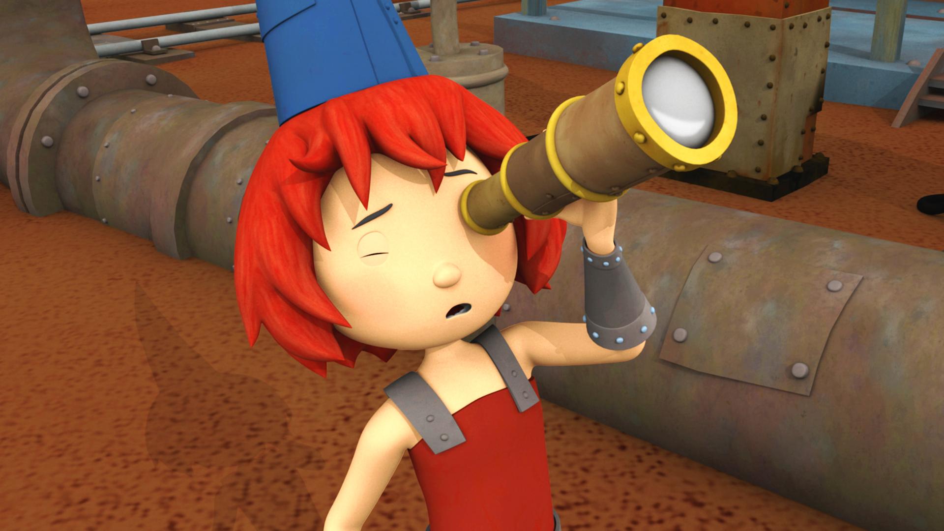 Bö schaut durch ein Fernrohr in den Himmel.