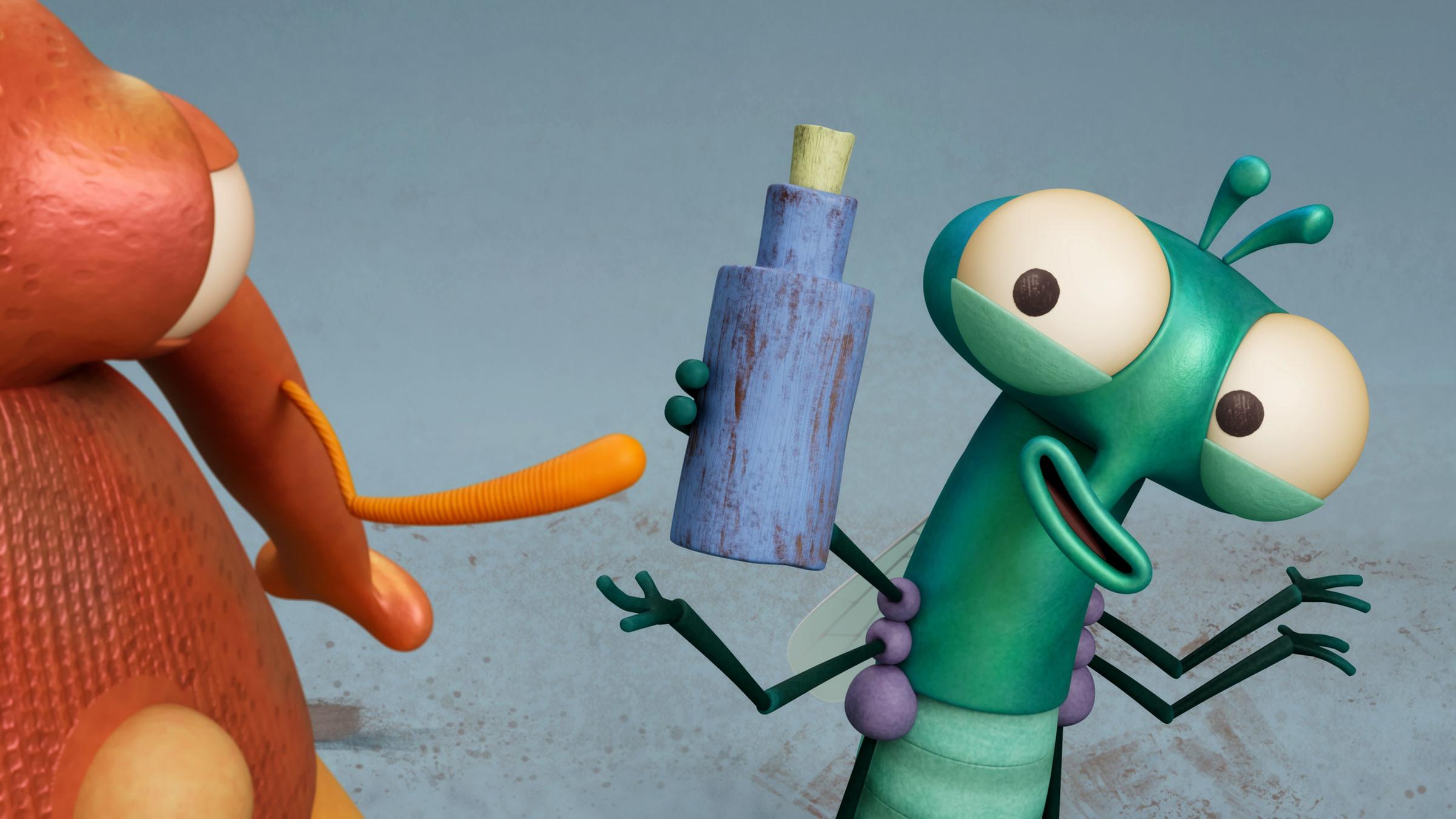 Auf dem grauen Küchenfußboden stehen sich Katastrophen-Jim und Floyd gegenüber. Floyd hält Katastrophen-Jim eine blaue Flasche hin.