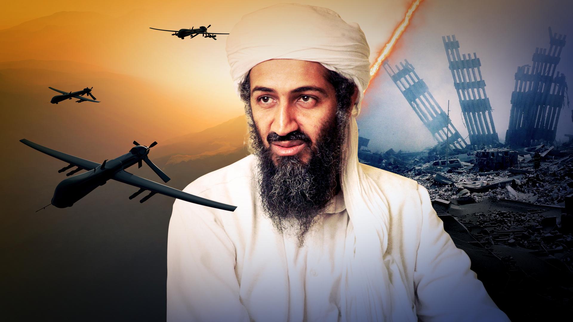Zentral Osama bin Laden; links mehrere moderne Militärdronen, rechts die Silhouette der TRümmer des World Trade Center.