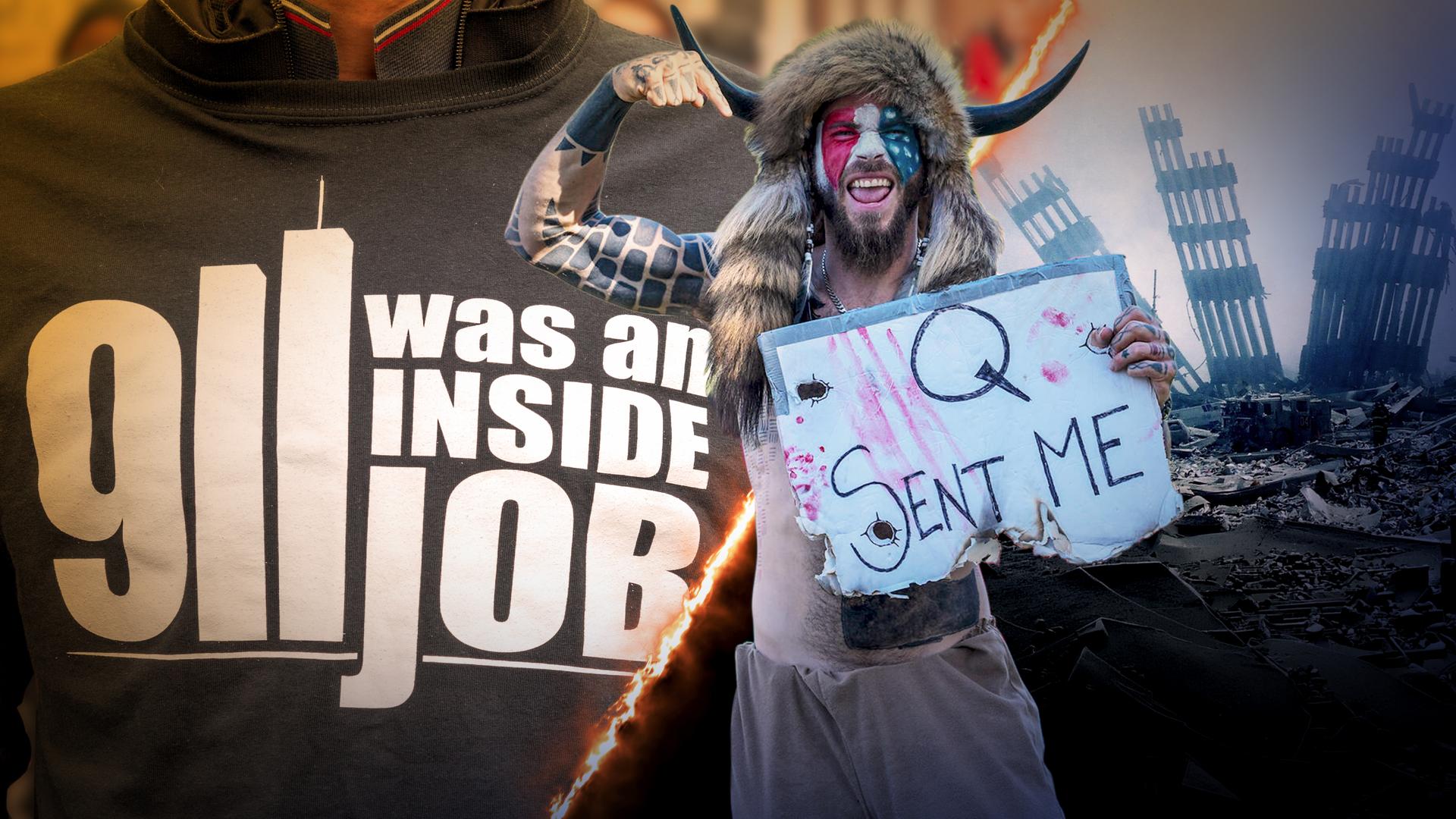 Zentral der Qanon-Schamane mit Schlid; links eines Shirts mit der Aufschrift "9/11 was an inside Job", rechts die Silhouette der Trümmer des World Trade Centers.