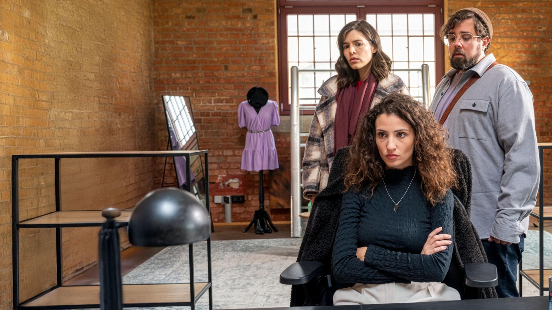 "SOKO Stuttgart - Der letzte Schrei": Kriminalkommissarin Lea Gomez (Jasmin Gassmann) steht im Modeladen besorgt hinter ihrer Schwester Ines Gomez (Nadine Menz), die mit verschränkten Armen und sturen Blick auf einem Schreibtischstuhl sitzt und ins Leere starrt. Neben Lea steht Robin Führich (Steven Preisner), der ebenfalls sorgenvoll auf Ines herabschaut. Im Hintergrund stehen Kleiderstangen und Regale mit Handtaschen sowie eine Kleiderpuppe.