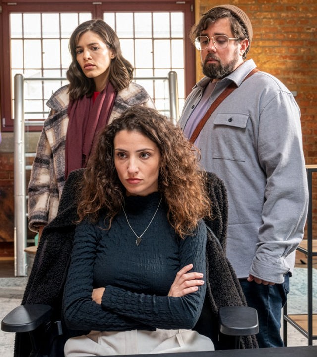 "SOKO Stuttgart - Der letzte Schrei": Kriminalkommissarin Lea Gomez (Jasmin Gassmann) steht im Modeladen besorgt hinter ihrer Schwester Ines Gomez (Nadine Menz), die mit verschränkten Armen und sturen Blick auf einem Schreibtischstuhl sitzt und ins Leere starrt. Neben Lea steht Robin Führich (Steven Preisner), der ebenfalls sorgenvoll auf Ines herabschaut. Im Hintergrund stehen Kleiderstangen und Regale mit Handtaschen sowie eine Kleiderpuppe.