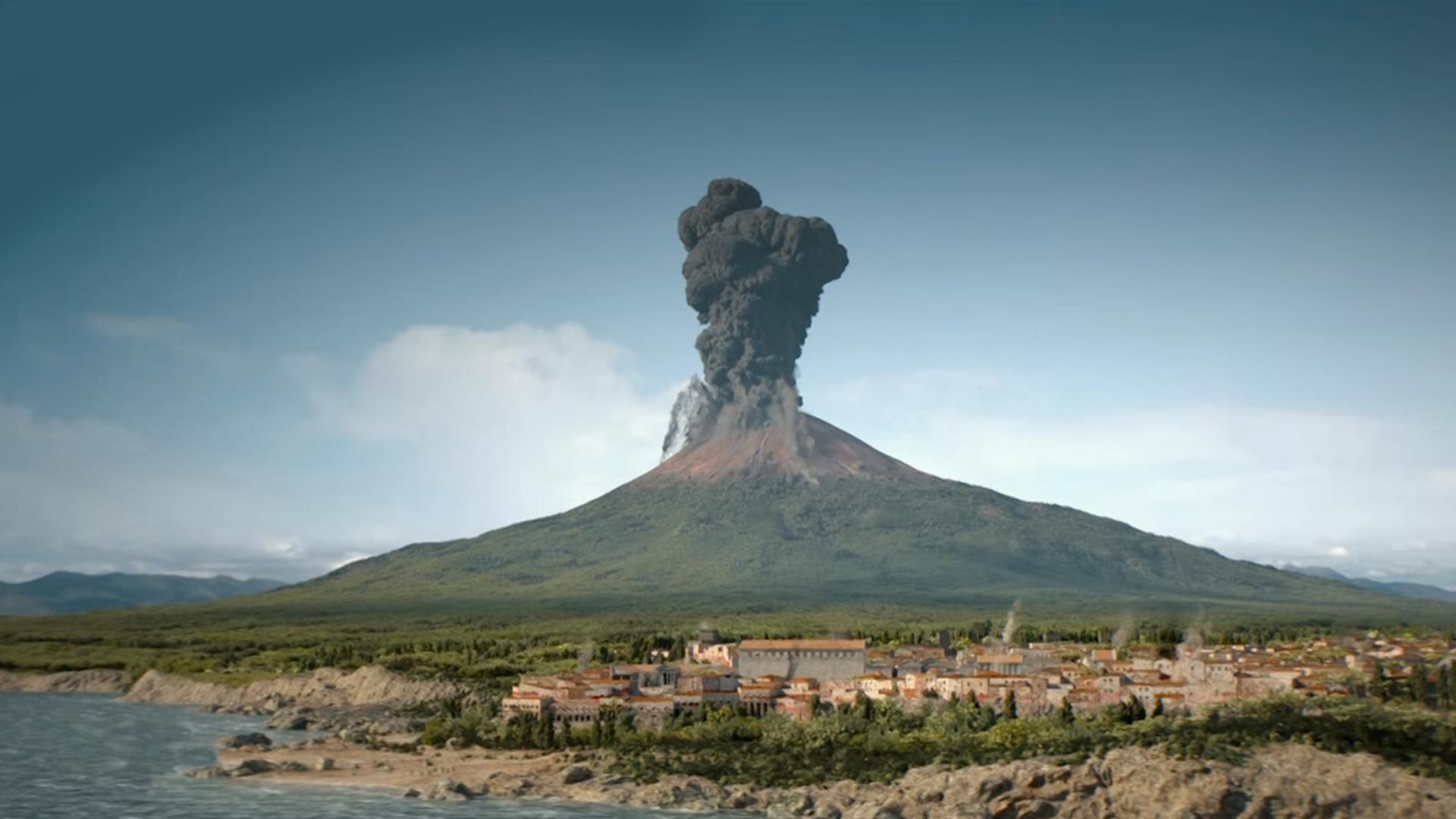 Im Hintergrund Ausbruch des Vesuvs, im Vordergrund antikes Pompeji