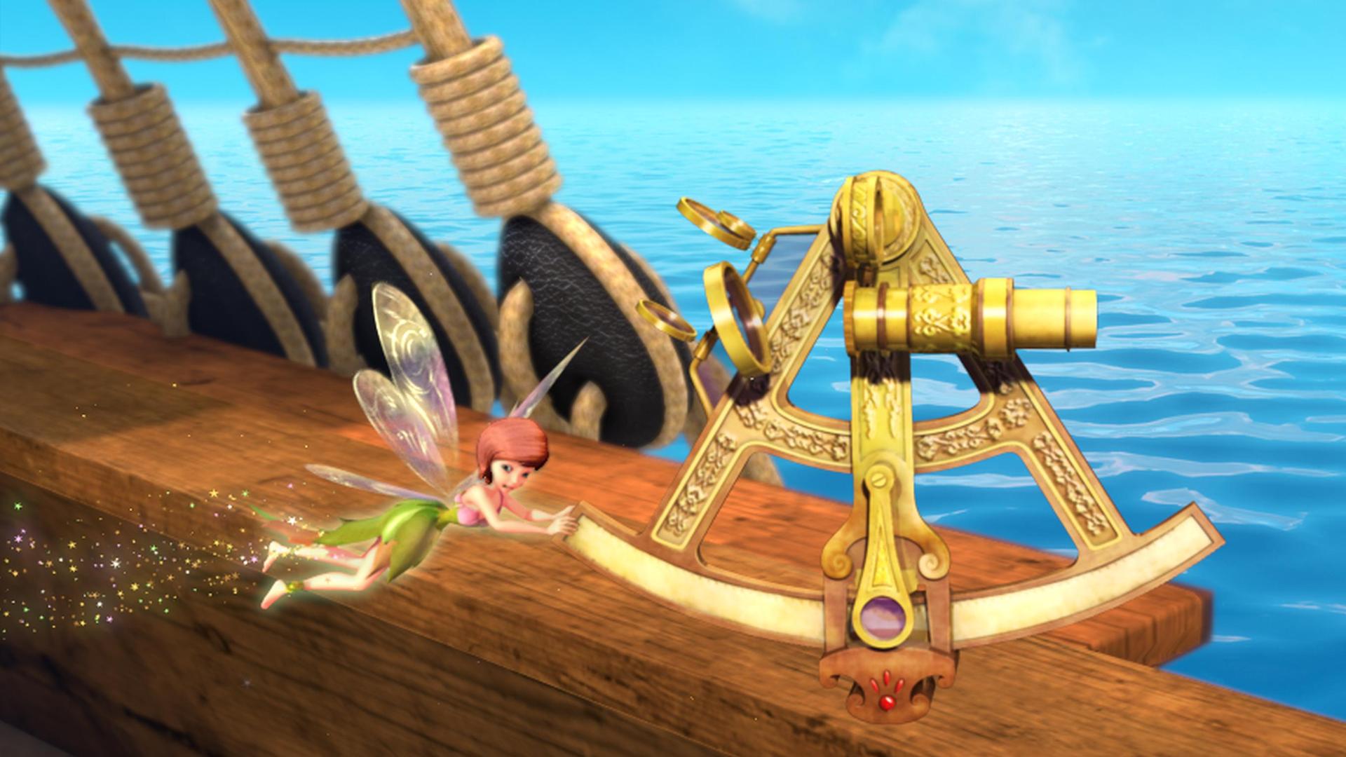 Tinker Bell entwendet den magischen Sextanten von Bord und fliegt mit ihm über die Reling.