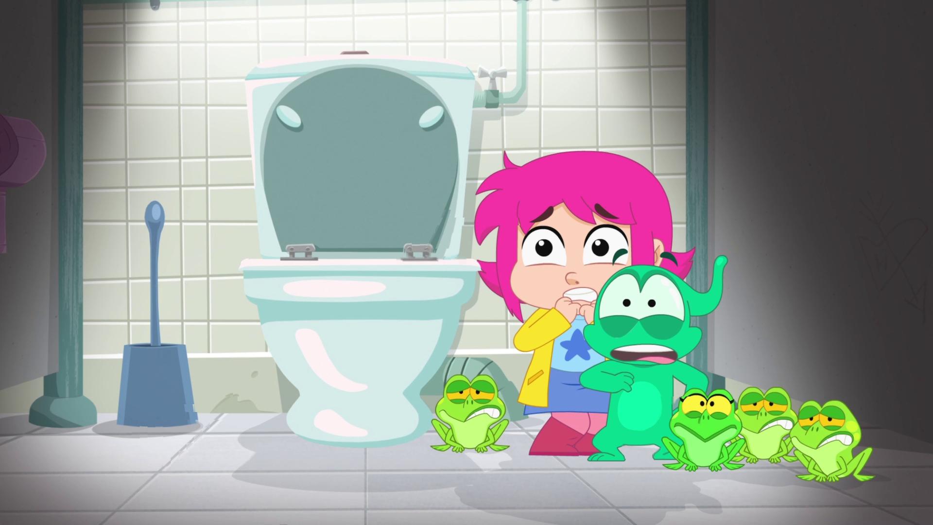 Rebecca und Ernest stehen zusammen mit vier Fröschen neben einer Toilette. Sie schauen alle entsetzt.