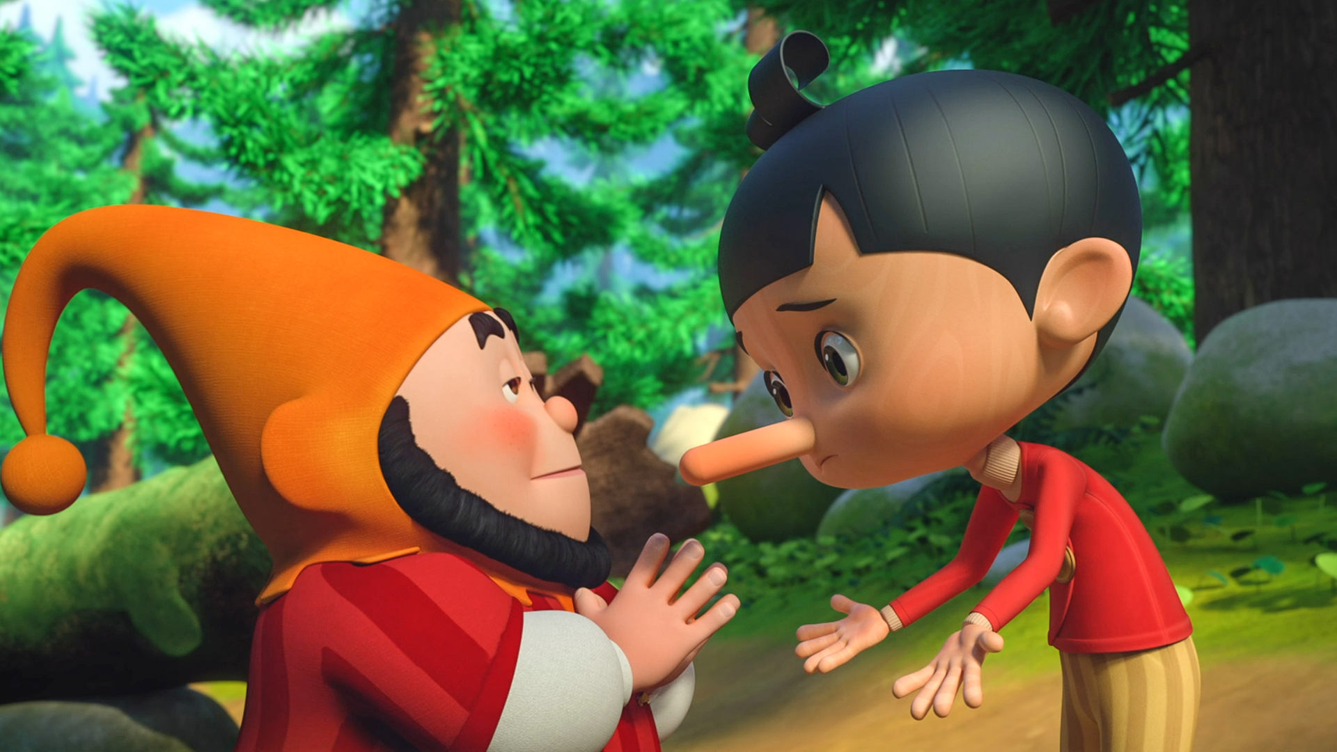 Rumpelstilzchen steht Pinocchio gegenüber. Pinocchios Nase ist lang.